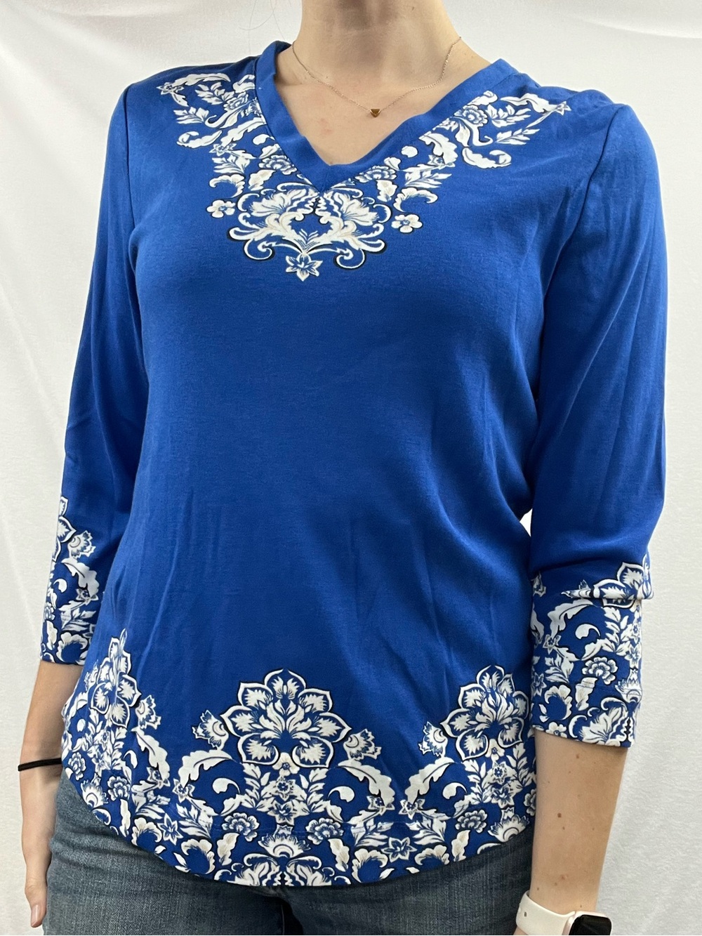 Chico's Cobalt Blue V-Neck Tunic with White Floral Accent - Picture 3 of 5